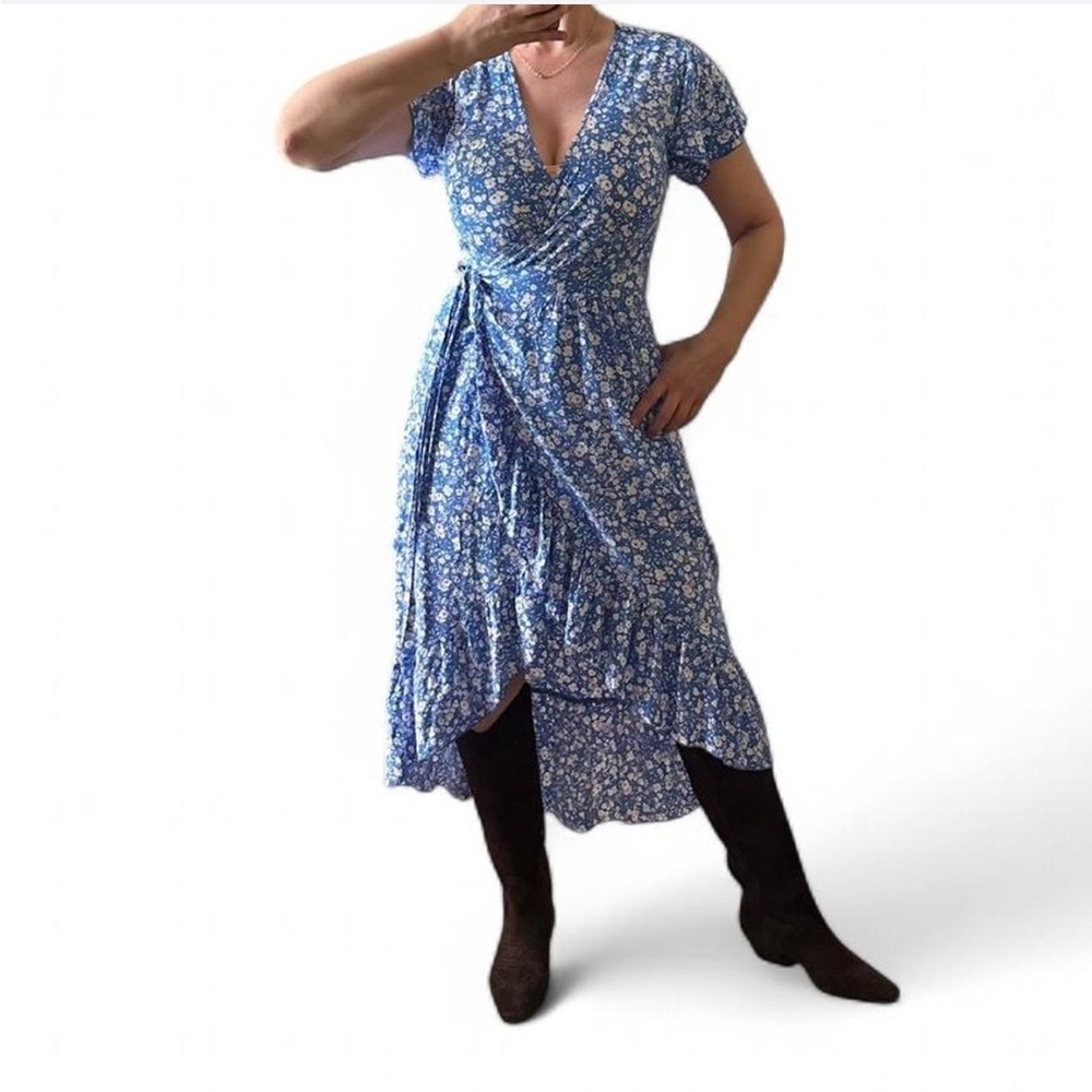 Floral Blue Wrap Dress